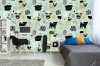 Wizualizacja tapety na ścianę do pokoju dziecięcego w pieski mopsy i abstrakcyjne wzory, na zielonym tle.