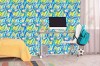 Wizualizacja tapety do pokoju dziecięcego, młodzieżowego, sypialni, biura z abstrakcyjną grafiką, w kolorze cytrynowym, niebieskim i czarnym.