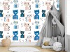 Wizualizacja tapety na ścianę do pokoju dziecięcego, w niebieskie, szare i beżowe, zamyślone koty, na białym tle.