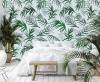 Wizualizacja tapety do pokoju dziennego, młodzieżowego, sypialni, salonu, przedpokoju, biura z motywem tropikalnym. Wzór tapety w fantazyjne, zielone i szare liście, na zielonym tle.