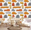 Wizualizacja tapety na ścianę do pokoju dziecięcego, w pomarańczowe i szare, śpiące koty, na białym tle.