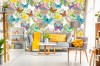 Wizualizacja tapety do sypialni, salonu, pokoju dziennego, dziecięcego i młodzieżowego. Tapeta przedstawia kolorowe, tęczowe motyle, na tle wiosennych kwiatów, w barwach różowych i zielonych.