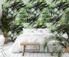 Wizualizacja tapety do pokoju dziecięcego i młodzieżowego, pokoju dziennego, sypialni, salonu, przedpokoju, biura. Tapeta w czarne i zielone tropikalne liście palm.