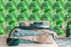 Wizualizacja tapety do sypialni, salonu, przedpokoju, gabinetu, biura w tropikalnym klimacie. Wspaniałe, zielone liście palm.