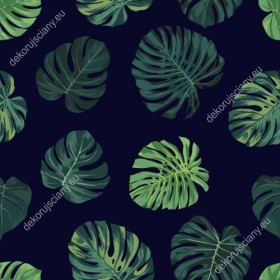 Wzornik tapety do pokoju dziennego, sypialni, salonu, przedpokoju, biura z motywem tropikalnym. Tapeta przedstawia zielone liście egzotycznych roślin, na czarnym tle.