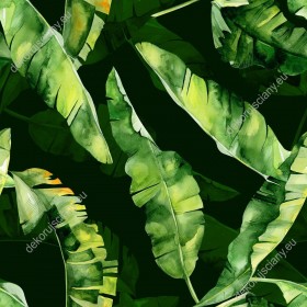Wzornik tapety do pokoju dziennego, młodzieżowego, sypialni, salonu, przedpokoju, biura z motywem tropikalnym. Tapeta przedstawia zielone liście egzotycznych roślin, na czarnym tle.