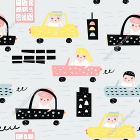 Wzornik tapety na ścianę do pokoju dziecięcego, przedstawiająca ludzi jadących żółtych, czarnych, różowych i zielonych samochodach, na szarym tle.