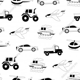 Wzornik tapety na ścianę do pokoju dziecięcego, w czarne-białe środki transportu. Tapeta prezentuje samochody, samoloty, statki i traktory, na białym tle.
