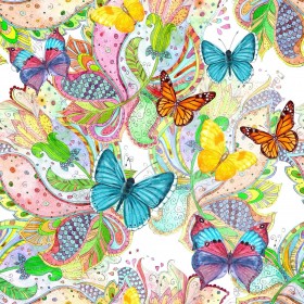 Wzornik tapety do sypialni, salonu, pokoju dziennego, dziecięcego i młodzieżowego. Tapeta przedstawia kolorowe, tęczowe motyle, na tle wiosennych kwiatów, w barwach różowych i zielonych.