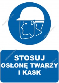 Naklejka podłogowa BHP 30x42 cm  Stosuj osłonę twarzy i kask