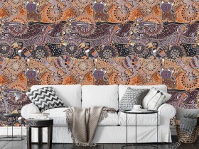 Wizualizacja tapety na ścianę do pokoju dziennego, sypialni, salonu, przedpokoju. Tapeta to mozaika zwierząt egzotycznych, na tle brązu i pomarańczy.