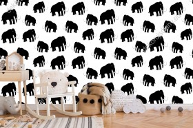 Wizualizacja tapety na ścianę do pokoju dziecięcego i młodzieżowego, w czarne mamuty, na białym tle.