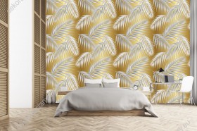 Wizualizacja tapety do sypialni, salonu, przedpokoju, gabinetu. Tapeta w abstrakcyjne, białe palmowe liście, na złotym tle.