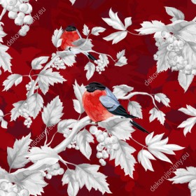 Wzornik tapety do pokoju dziennego, sypialni, salonu, przedpokoju, biura. Abstrakcyjna, designerska tapeta z ptakami, które siedzą na białych gałązkach, na tle głębokiej czerwieni.