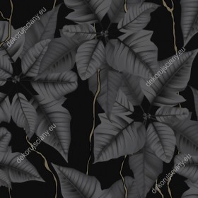 Wzornik tapety do sypialni, salonu, przedpokoju, gabinetu, biura. Tapeta przedstawia grafitowe liście i pnącza egzotycznych roślin, na czarnym tle.