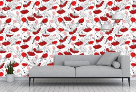 Wizualizacja tapety na ścianę do pokoju dziennego, sypialni, salonu, przedpokoju, biura,. Tapeta prezentuje ptaki, owoce i liście jarzębiny, w kolorach czarnoczerwonych, na białym tle.