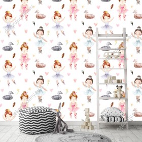 Wizualizacja tapety na ścianę do pokoju dziecięcego. Tapeta przedstawia tańczące dziewczynki z szarymi kaczkami, na białym tle.