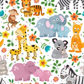 Wzornik tapety na ścianę do pokoju dziecięcego ze zwierzętami. Na tapecie są misie koala, zebry, króliki, borsuki, żyrafy, małpy, kangury, słonie, tygrysy i hipopotamy, na białym tle.