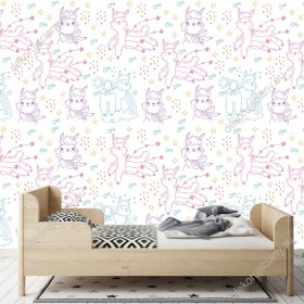 Wizualizacja tapety na ścianę do pokoju dziecięcego ze zwierzętami. Tapeta w fioletowe, różowe i zielone alpaki, na białym tle, w gwiazdki.