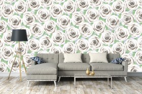 Wizualizacja tapety na ścianę do salonu, pokoju dziennego, lub sypialni o tematyce florystycznej. Tapeta w białe róże, z zielonymi liśćmi, na  szarym tle.