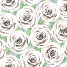 Wzornik tapety na ścianę do salonu, pokoju dziennego, lub sypialni o tematyce florystycznej. Tapeta w białe róże, z zielonymi liśćmi, na  szarym tle.