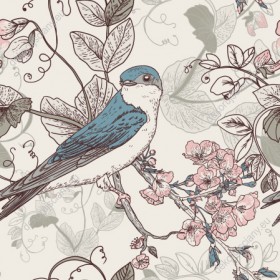 Wzornik tapety na ścianę do pokoju, dziennego, sypialni, salonu, przedpokoju. Piękne niebieskożółte ptaki, siedzące na gałęzi drzewa, z kwitnącymi kwiatami wiśni, beżowe tło.