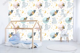 Wizualizacja tapety do pokoju dziecięcego. Tapeta przedstawia śpiące zwierzęta latające wśród gwiazd.