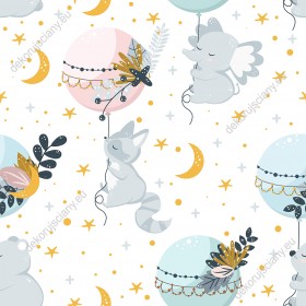 Wzornik tapety do pokoju dziecięcego. Tapeta przedstawia śpiące zwierzęta latające wśród gwiazd.