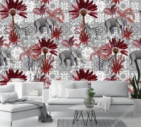 Wizualizacja tapety  do pokoju dziennego, sypialni, salonu, przedpokoju, biura, kuchni. Wzór ze słoniami i tropikalnymi drzewami na geometrycznym tle.