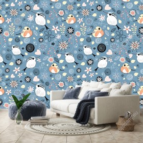 Wizualizacja tapety na ścianę do pokoju dziennego, dziecięcego, sypialni, salonu, przedpokoju. Tapeta z kolorowymi ptakami i abstrakcyjnymi roślinami, na niebieskim tle.