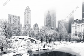Wzornik fototapety z widokiem na Staw w Central Parku w mglisty, zimowy poranek, na tle wysokich wieżowców Nowego Jorku. Fototapeta do pokoju dziennego, młodzieżowego, sypialni, salonu, biura, gabinetu, przedpokoju i jadalni.