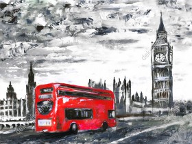 Wzornik fototapety do pokoju młodzieżowego, salonu, sypialni, pokoju dziennego, gabinetu, biura, przedpokoju. Widok ulicy w Londynie z czerwonym autobusem. W tle wieża zegarowa Big Ben.