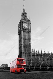 Wzornik fototapety z widokiem na czerwony autobus londyński, na tle Big Bena w odcieniach szarości, Anglia. Fototapeta do pokoju dziennego, młodzieżowego, sypialni, salonu, biura, gabinetu, przedpokoju i jadalni.