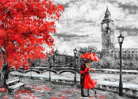 Wzornik czarnobiałej fototapety z dodatkiem czerwieni z widokiem na mężczyznę i kobietę pod parasolem na tle rzeki Big Bena w Londynie. Fototapeta do pokoju dziennego, sypialni, salonu, przedpokoju i jadalni.