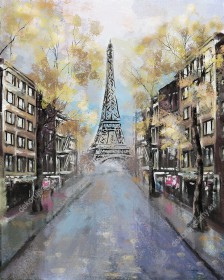 Wzornik fototapety z widokiem na puste ulice Paryża z wieżą Eiffela w tle, malowane farbami. Fototapeta do pokoju dziennego, młodzieżowego, sypialni, salonu, przedpokoju i jadalni.