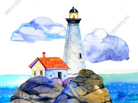 Wzornik fototapety do pokoju dziecięcego. Fototapeta z malowaną latarnia morską i domem stojącym na skalistym wybrzeżu, nad oceanem.