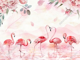 Wzornik fototapety w odcieniach różu do pokoju dziennego, dziecięcego, młodzieżowego, sypialni, salonu. Flamingi brodzące w płytkich wodach jeziora, pod różami kwiatami róż. Tło fototapety zdobią góry oraz delikatne opadające pióra.