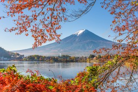 Wzornik fototapety z w jesiennej, japońskiej scenerii z widokiem na górę Fuji i jezioro Kawaguchi, oraz kolorowe liście na gałęziach drzew. Fototapeta do pokoju dziennego, sypialni, salonu, biura, gabinetu, przedpokoju i jadalni.