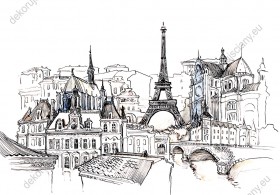 Wzornik fototapety z widokiem na ulice Paryża z wieżą Eiffla w samym sercu miasta. Fototapeta do pokoju dziennego, młodzieżowego, sypialni, salonu, biura, gabinetu, przedpokoju i jadalni.