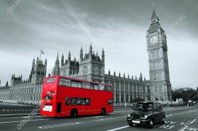 Wzornik fototapety w odcieniach szarości czerwonym londyńskim autobusem na tle Big Bena w Anglii. Fototapeta do pokoju dziennego, młodzieżowego, sypialni, salonu, biura, gabinetu, przedpokoju i jadalni.