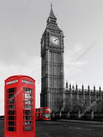 Wzornik fototapety z czerwoną budką telefoniczną i londyńskim autobusem, na tle Big Bena w Anglii. Fototapeta do pokoju dziennego, młodzieżowego, sypialni, salonu, biura, gabinetu, przedpokoju i jadalni.