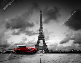 Wzornik fototapety z czerwonym samochodem retro na tle Wieży Eiffla w Paryżu. Nowoczesna fototapeta do sypialni, salonu, pokoju młodzieżowego i biura.
