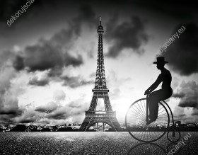 Wzornik, czarnobiała fototapeta z motywem mężczyzny jadącego na rowerze retro w okolicach Wieży Eiffla, w Paryżu. Fototapeta w nowoczesnym stylu do pokoju młodzieżowego, salonu, sypialni a nawet biura.