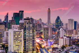 Wzornik, fototapeta przedstawiająca na krajobraz miejski Bangkoku, w kolorach zachodzącego słońca, Tajlandia. Fototapeta do pokoju dziennego, młodzieżowego, sypialni, salonu, biura, gabinetu, przedpokoju i jadalni.