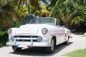 Wzornik obrazu z białym, klasycznym samochodem amerykańskim wśród palm na Kubie. Obraz do pokoju dziennego, sypialni, salonu, biura, gabinetu, przedpokoju i jadalni.