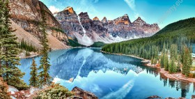 Wzornik obrazu z widokiem na jezioro Moraine, góry i lasy, Parku Narodowego Banff w Kanadzie. Obraz do pokoju dziennego, sypialni, salonu, biura, gabinetu, przedpokoju i jadalni.