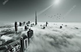 Wzornik obrazu z widokiem na szczyty wieżowców Dubaju pogrążone w gęstej mgle. Obraz do pokoju dziennego, sypialni, salonu, biura, gabinetu, przedpokoju i jadalni.