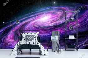Wizualizacja fototapety z widokiem na galaktykę w odcieniach purpury. Fototapeta do pokoju młodzieżowego sypialni, biura, gabinetu.