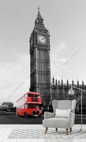 Wizualizacja fototapety z widokiem na czerwony autobus londyński, na tle Big Bena w odcieniach szarości, Anglia. Fototapeta do pokoju dziennego, młodzieżowego, sypialni, salonu, biura, gabinetu, przedpokoju i jadalni.