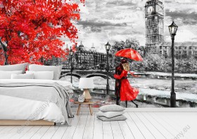 Wizualizacja czarnobiałej fototapety z dodatkiem czerwieni z widokiem na mężczyznę i kobietę pod parasolem na tle rzeki Big Bena w Londynie. Fototapeta do pokoju dziennego, sypialni, salonu, przedpokoju i jadalni.
